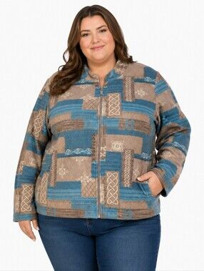 Alia Petites Patterned Patchwork Fleece Zip Front Jacket in Blue Brown Tan XXLP